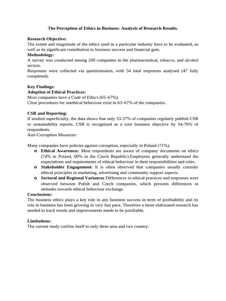The Perception of Ethics in Business Report | PDF