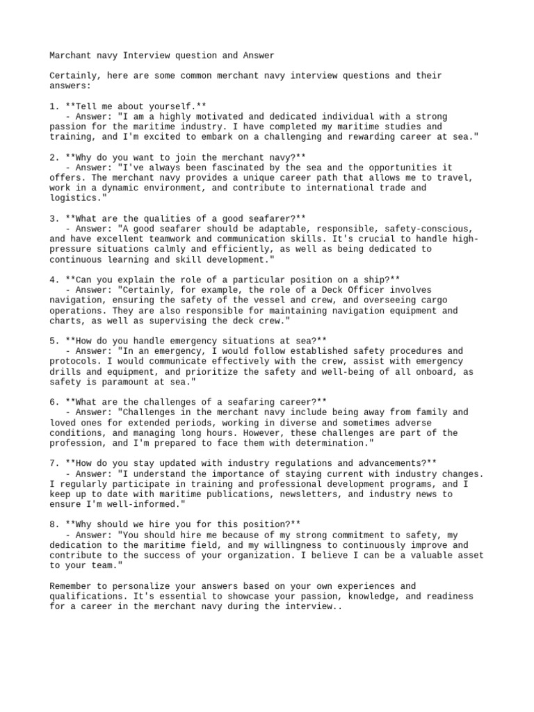 Marchant Navy Interview Question An | PDF | Merchant Navy | Sailor