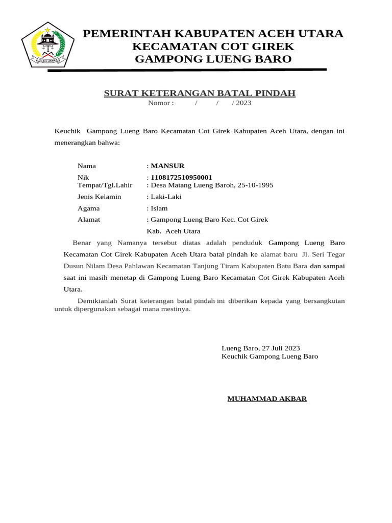Surat Keterangan Batal Pindah Mansur | PDF