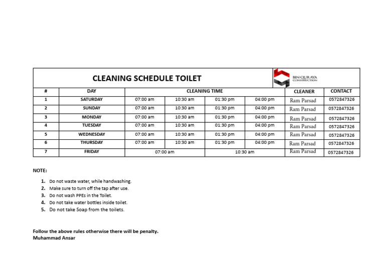 CLEANING SCHEDULE TOILET 01 Shakil | PDF