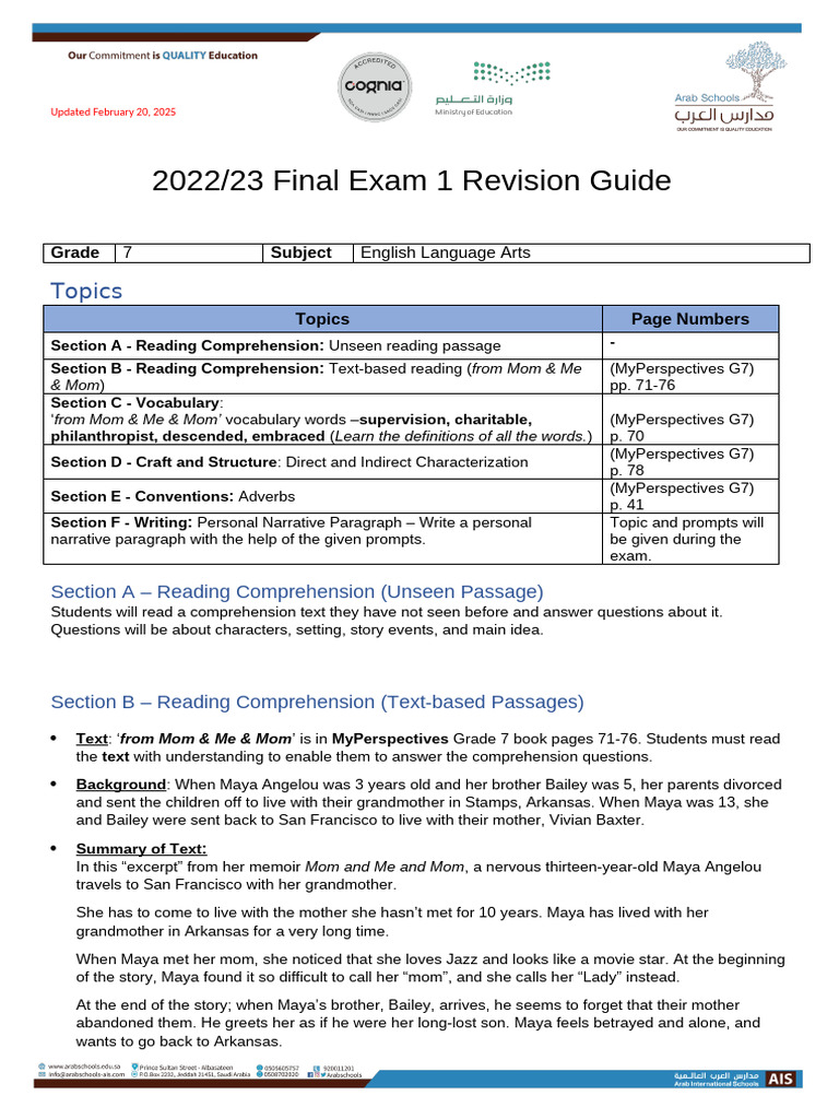 Grade 7 English Exam Revision Guide | PDF | Reading Comprehension
