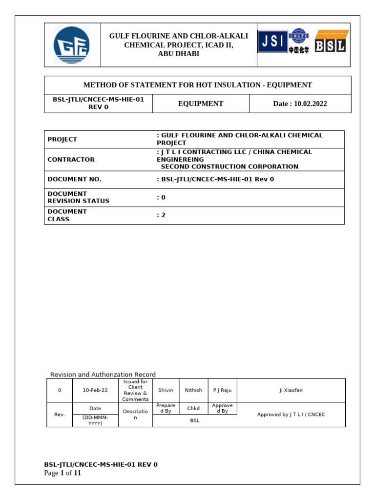 Hot Insulation Method Statement for Equipment | PDF | Personal ...