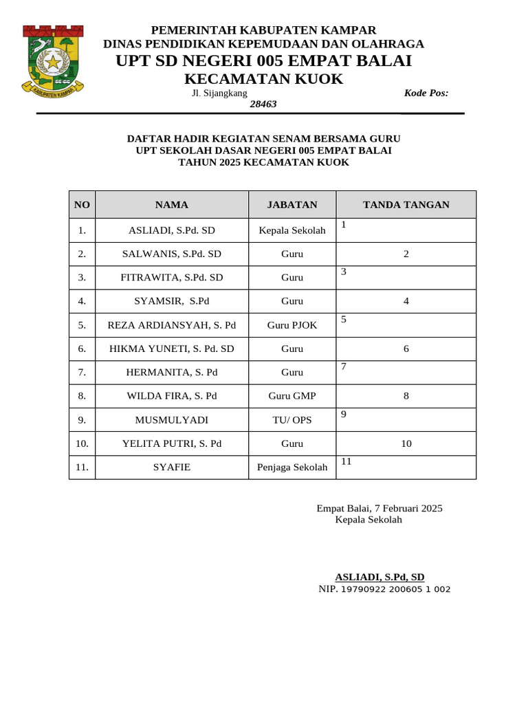 Daftar Hadir Senam Guru SD 005 Kuok | PDF