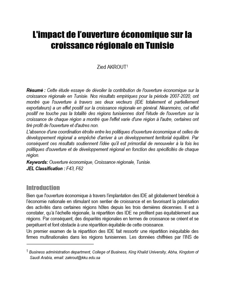 Impact de l'ouverture économique en Tunisie | PDF | Croissance ...