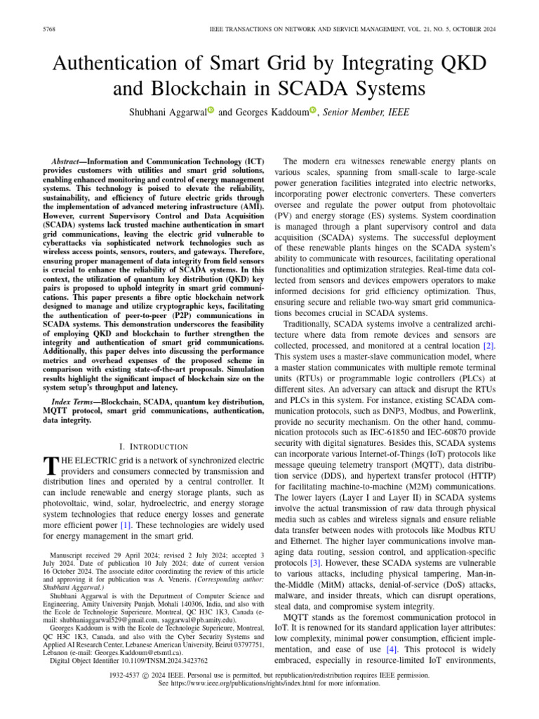 Smart Grid Authentication via QKD and Blockchain | PDF | Scada | Smart Grid