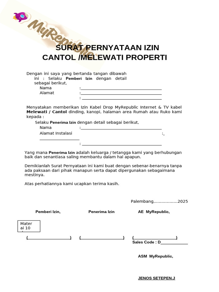 Surat Izin Pemasangan Kabel MyRepublic | PDF