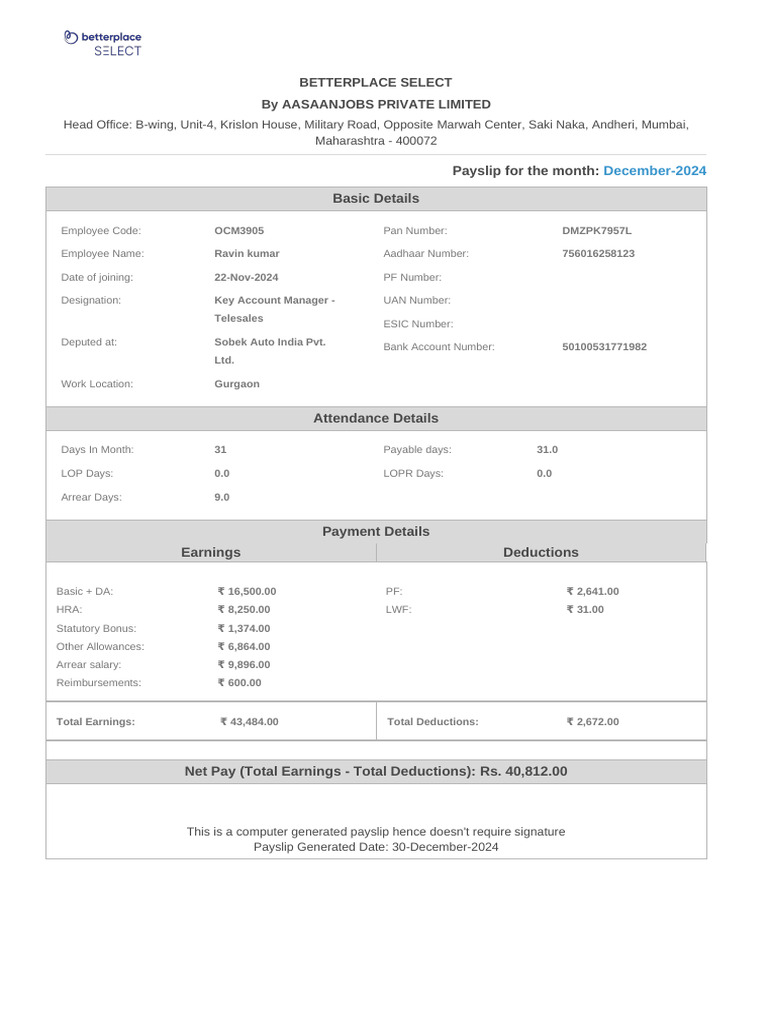 Payslip December-2024 | PDF