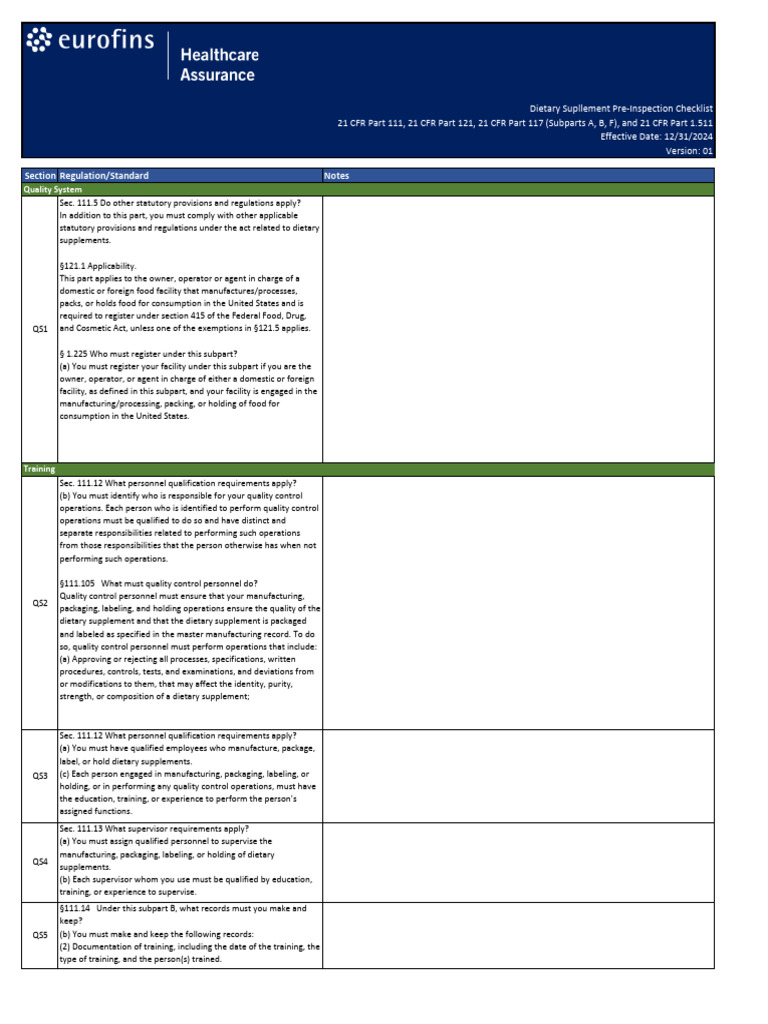 Pre-Inspection DS Checklist-CFR 111-117 V1 Final | PDF | Backup