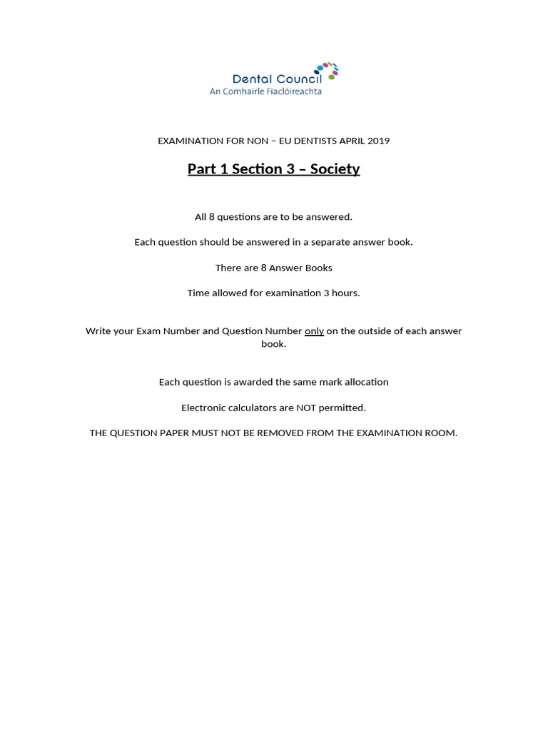 3 - Society Exam 2019 Ireland Dental Council Exam Question Papers | PDF