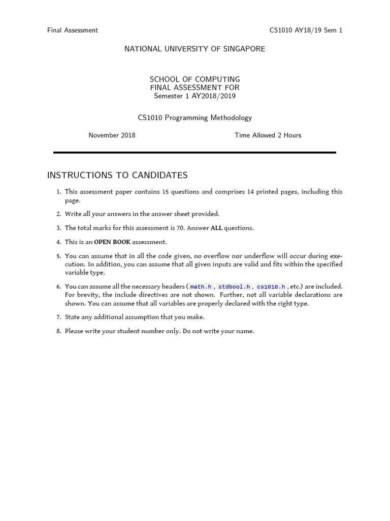 CS1010 Placement Test Overview | PDF | Pointer (Computer Programming ...