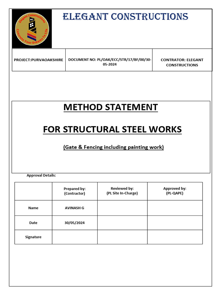 Method Statement for Steel Works | PDF | Paint | General Contractor