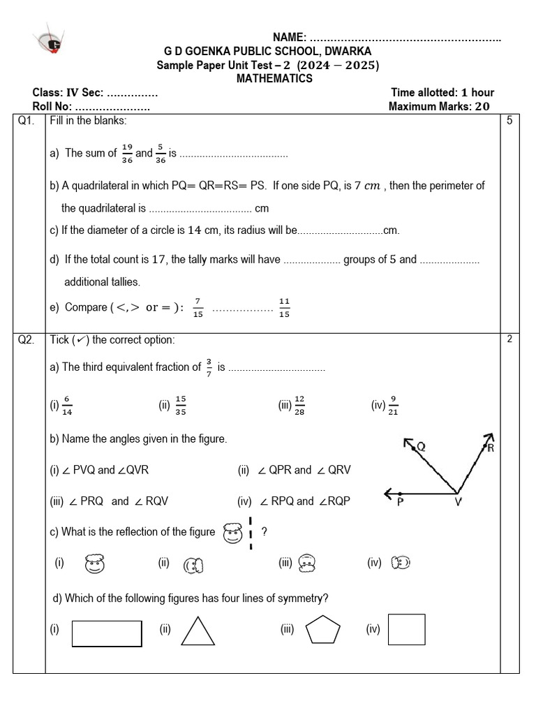 Class 4 Maths Sample Paper 2024-25 | PDF | Geometry | Euclidean Geometry