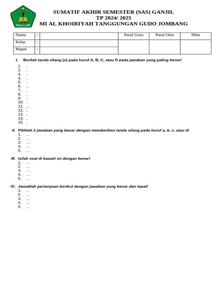 Soal Ujian Akhir Semester MI Al Khoiriyah | PDF