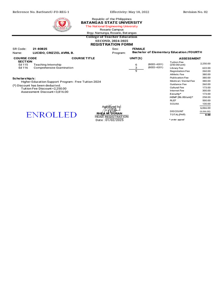 BatStateU 2024-2025 Registration Form | PDF | Educational Stages ...
