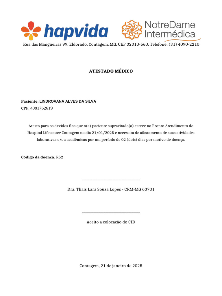 Atestado Médico - Lindrovana Alves 2025 | PDF