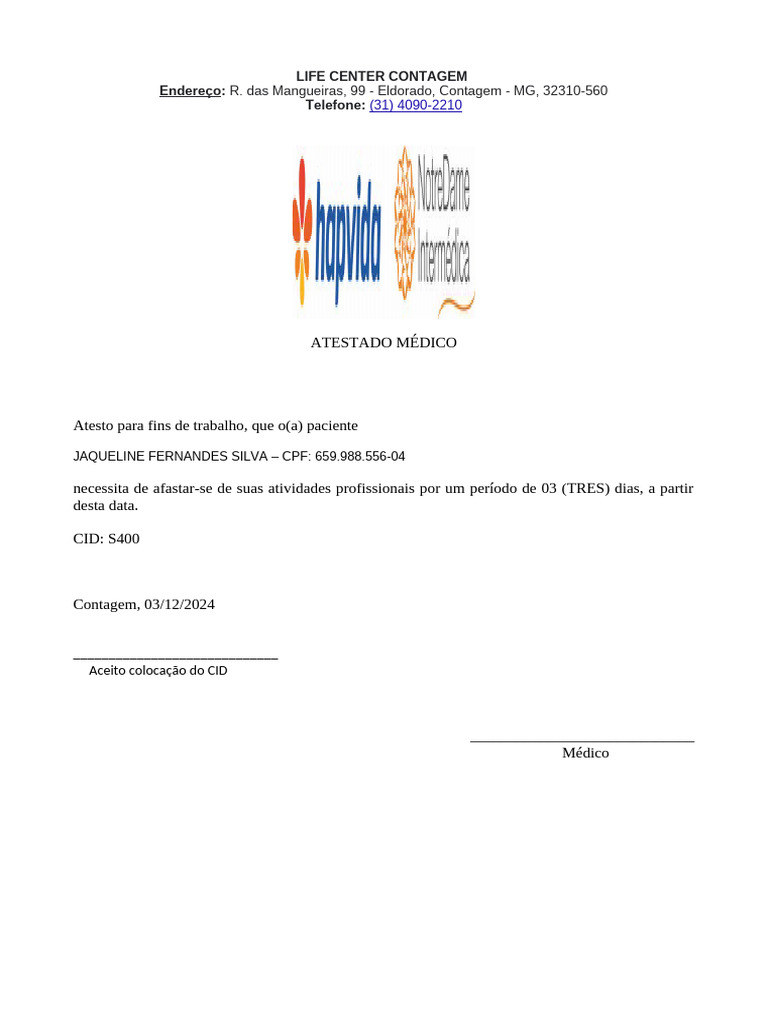 Atestado Médico - CID S400 | PDF