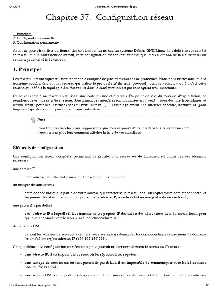 Configuration réseau sous Debian GNU/Linux | PDF | Adresse IP | I Pv6