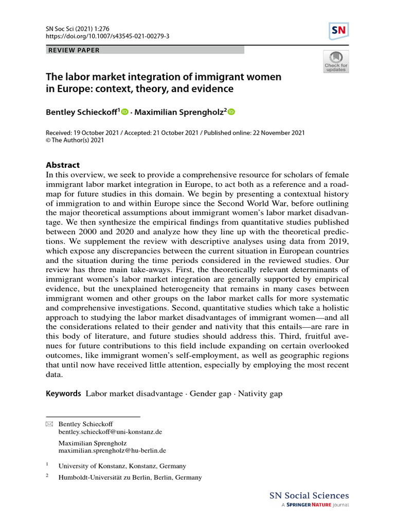 The Labor Market Integration of Immigrant Women in Europe: Context ...