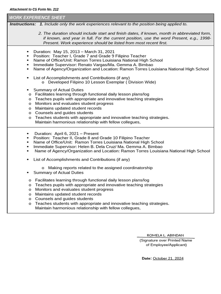 Work Experience Sheet for Teacher Positions | PDF | Lesson Plan | Learning
