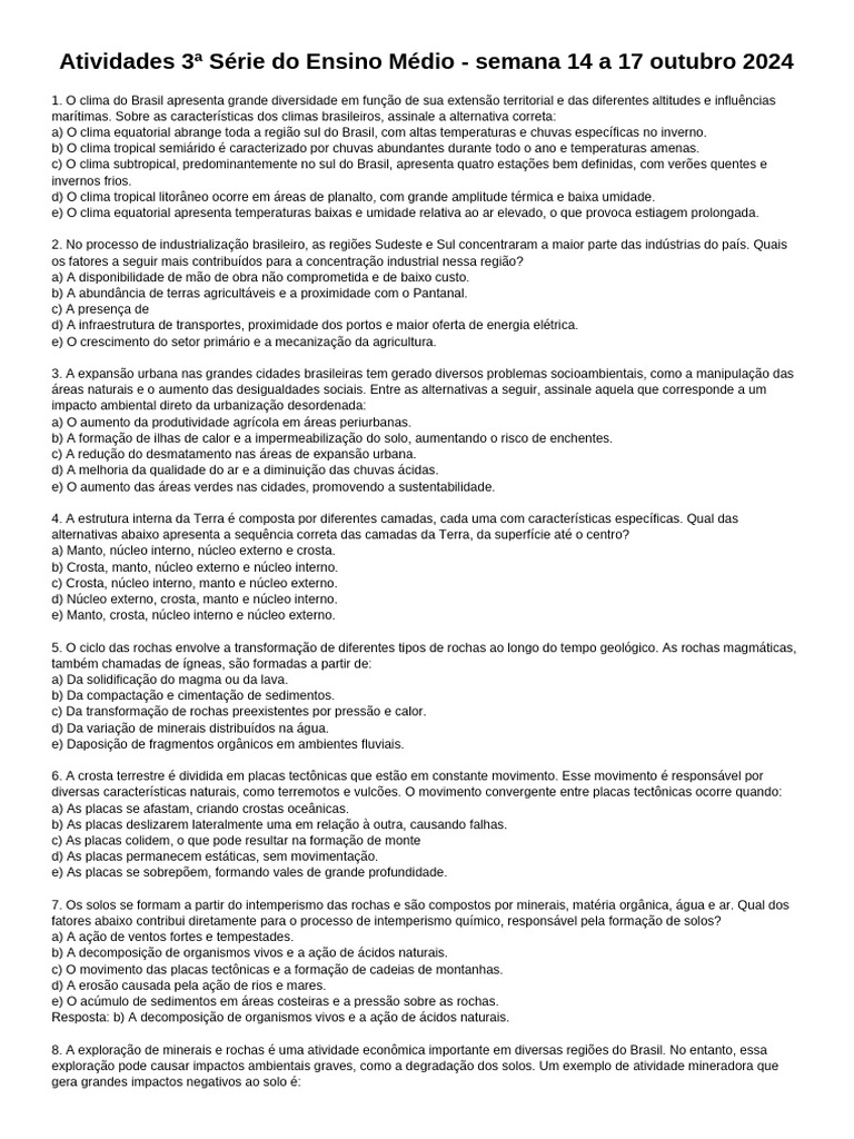 Atividades 3 Série Do Ensino Médio - Semana 14 A 17 Outubro 2024 | PDF ...