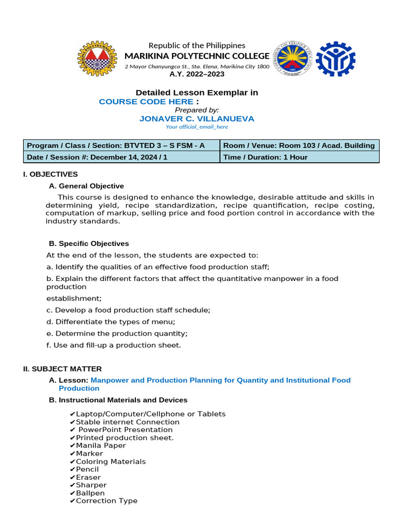 Food Production Planning Lesson Plan | PDF | Teachers