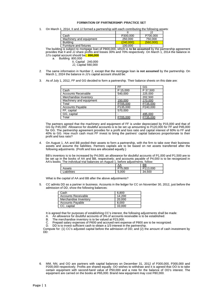 Formation of Partnership Practice Set | PDF | Debits And Credits | Expense