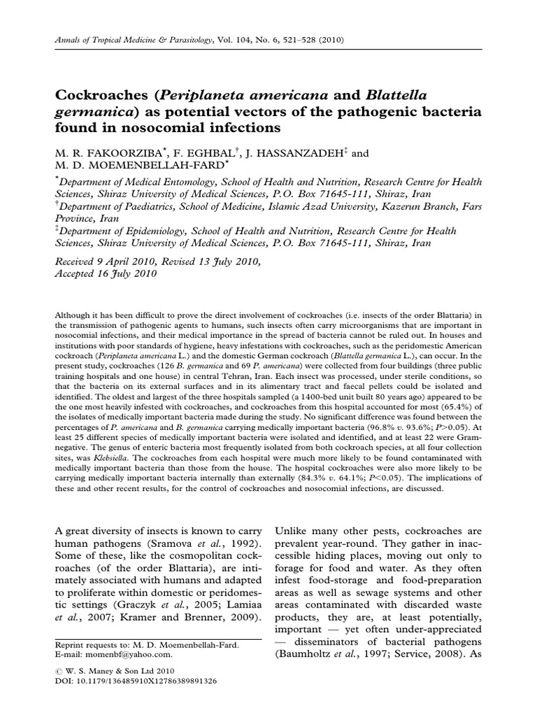 Cockroaches as Vectors of Hospital Bacteria | PDF | Infection ...