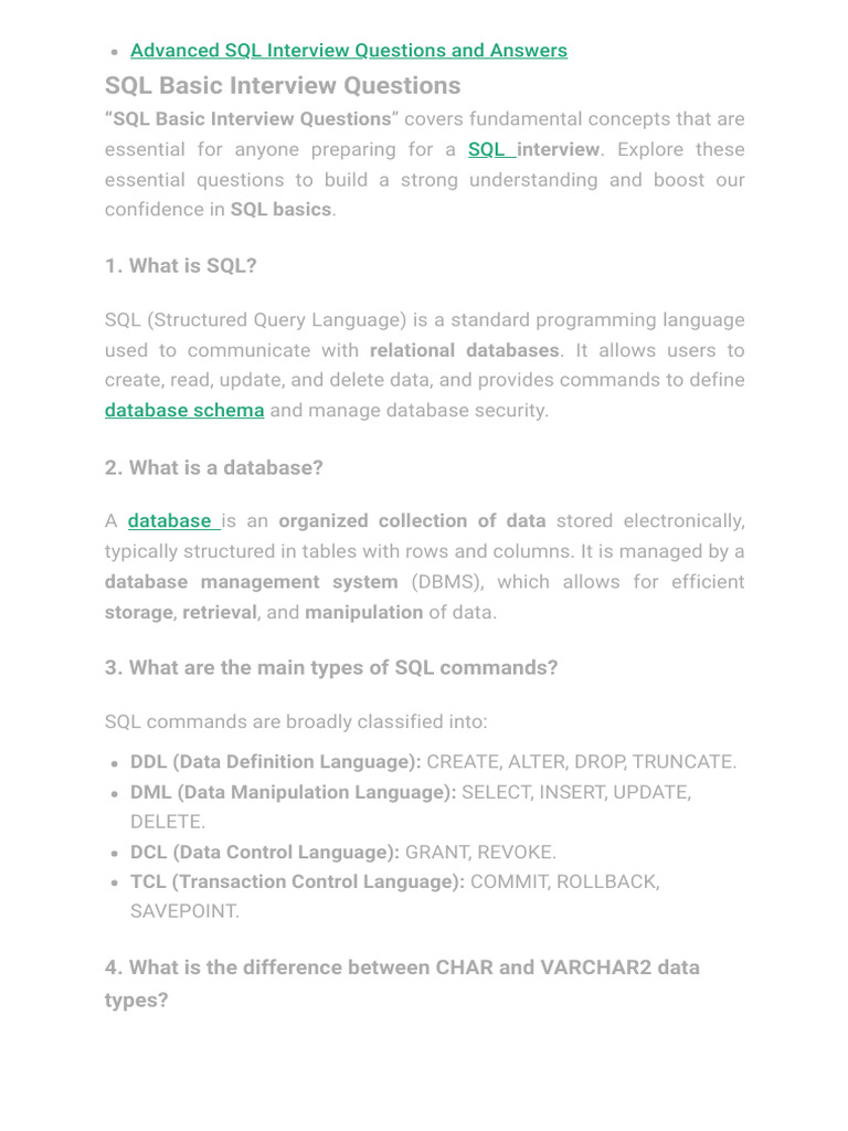 Top 100 SQL Interview Questions and Answers (2025) | PDF | Database ...