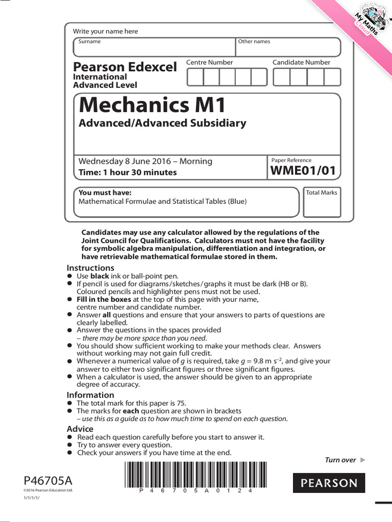 Pearson Edexcel Mechanics M1 Exam Paper | PDF | Force | Mass