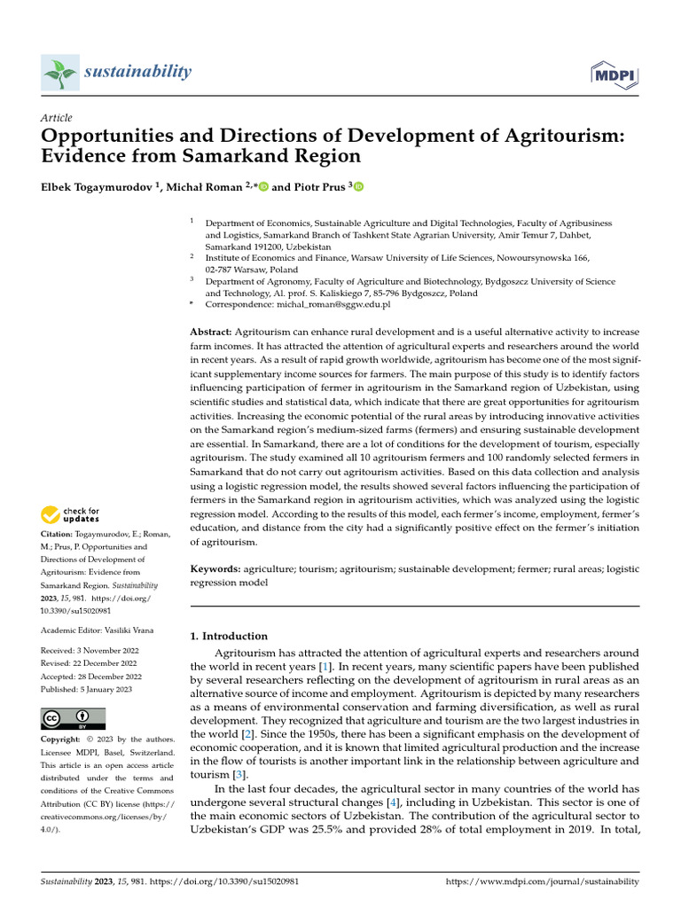 Agritourism Development in Samarkand | PDF | Logistic Regression ...