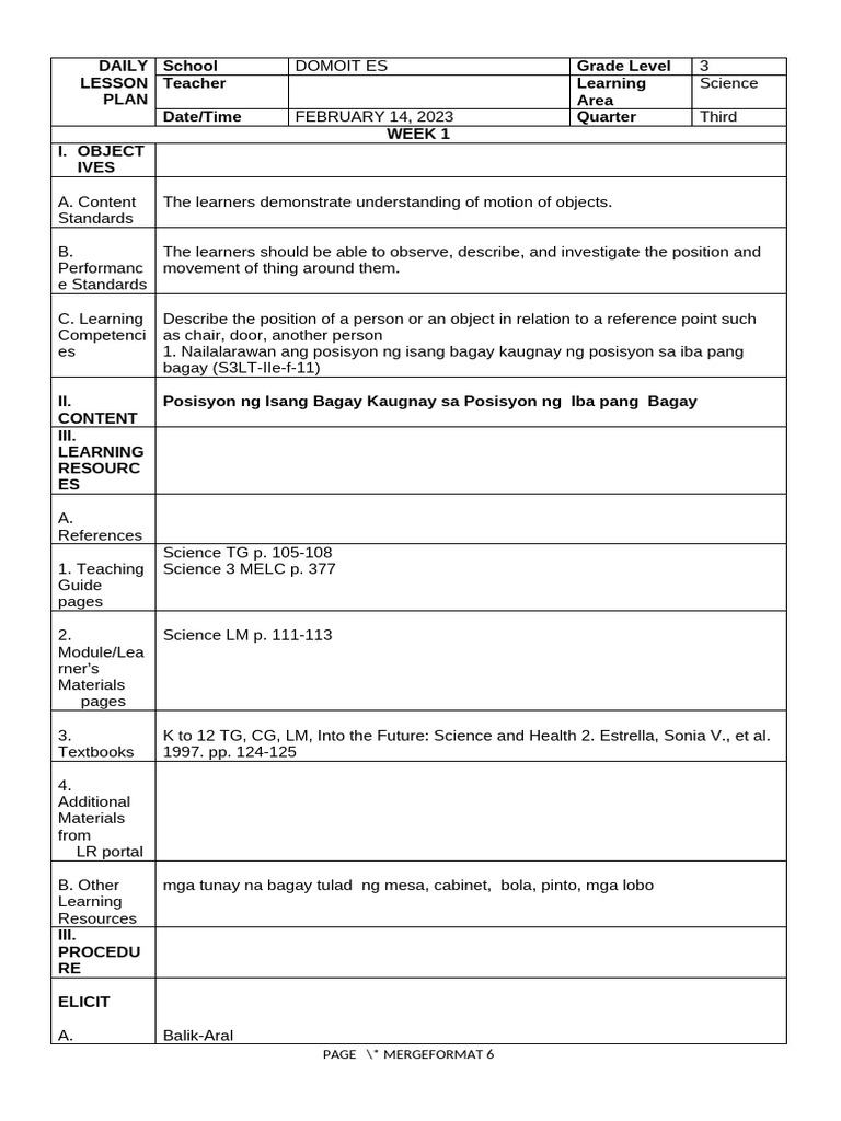 Daily Lesson Plan School Grade Level Teacher Learning Area Date/Time ...