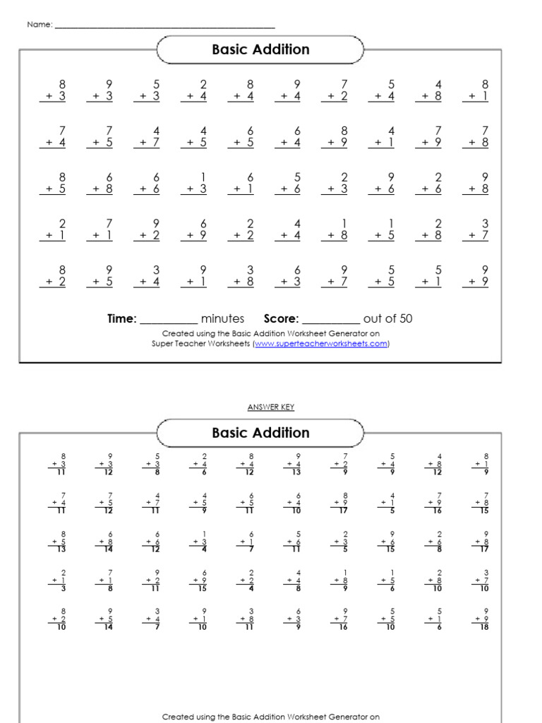 Basic Addition Worksheet 1-9 | PDF