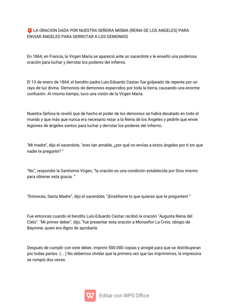 Oración A La Virgen Para Pedir La Protección Contra Los Demonios Pdf