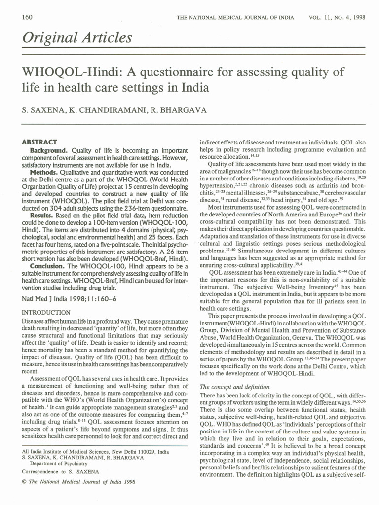 WHOQOL-Hindi: Quality of Life Assessment | PDF | Quality Of Life | Feeling