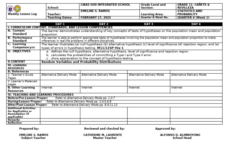 Grade 11 Statistics Weekly Lesson Plan | PDF | Hypothesis | Teachers