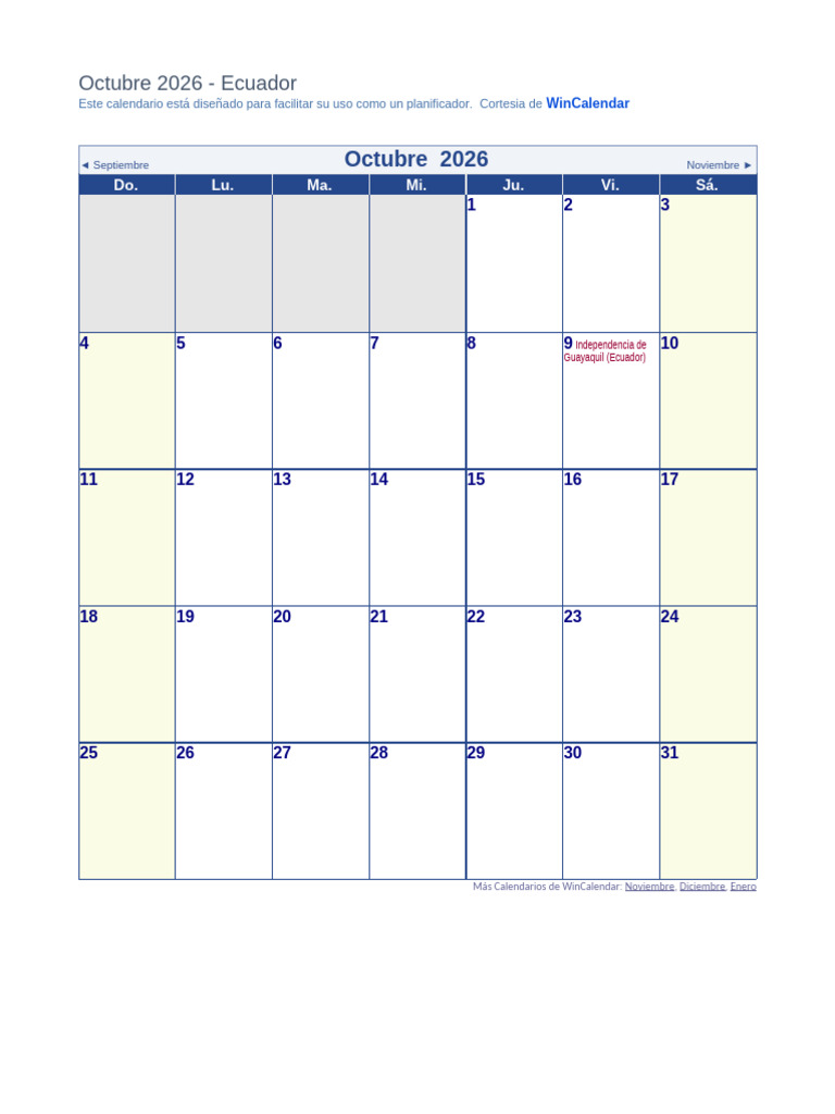 Calendario de Octubre 2026 en Ecuador | PDF