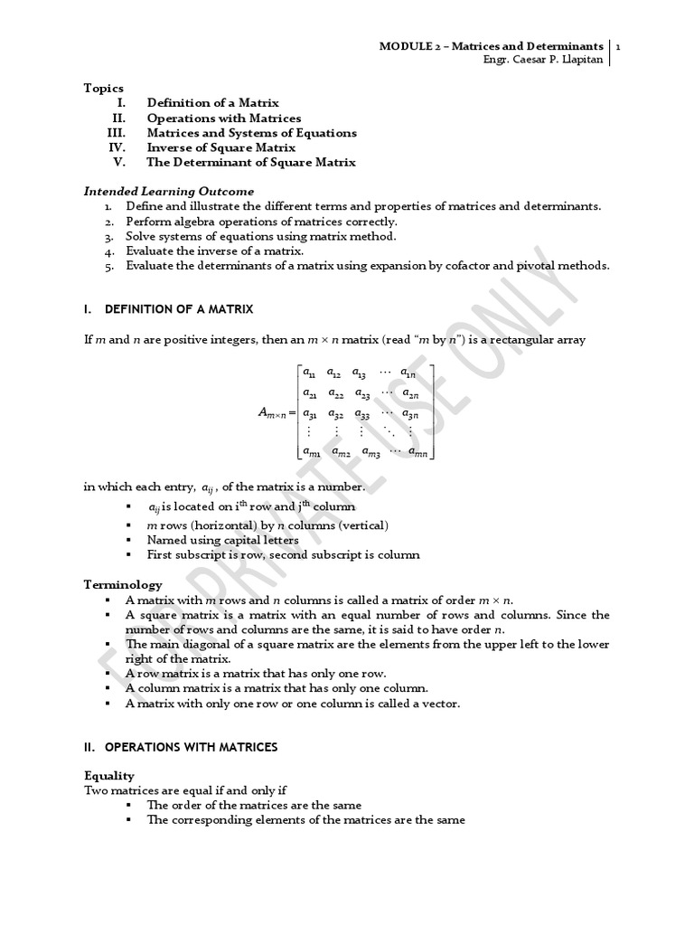 Matrices and Determinants Overview | PDF | Matrix (Mathematics ...