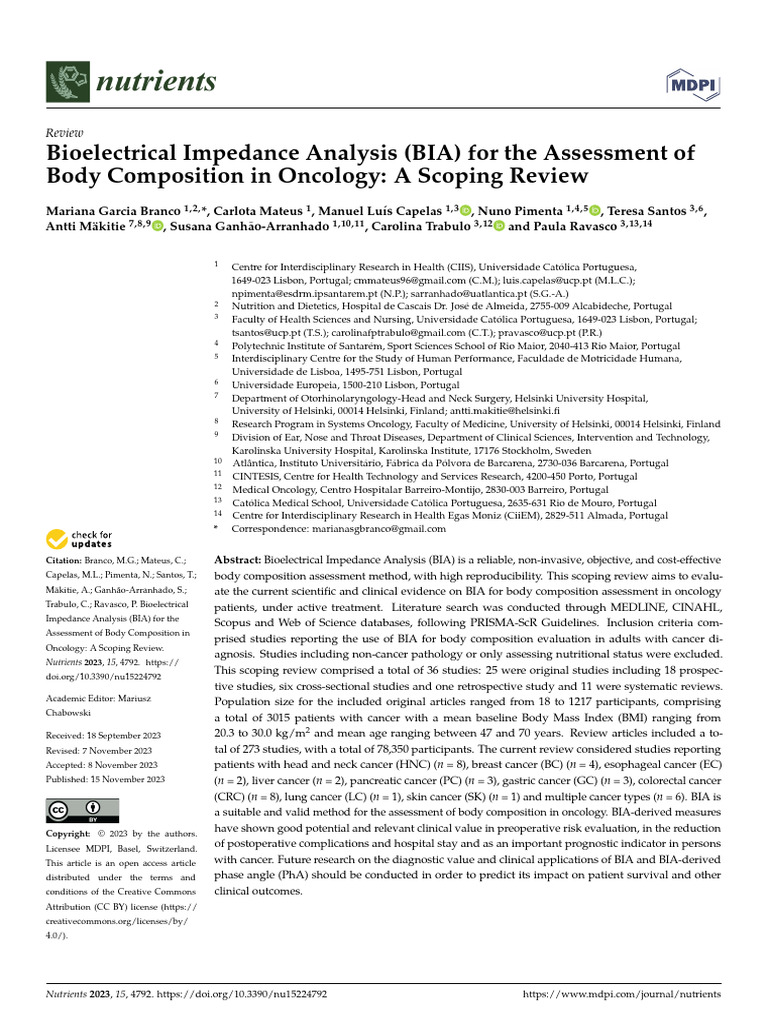 Bioelectrical Impedance Analysis (BIA) For The Assessment of Body ...