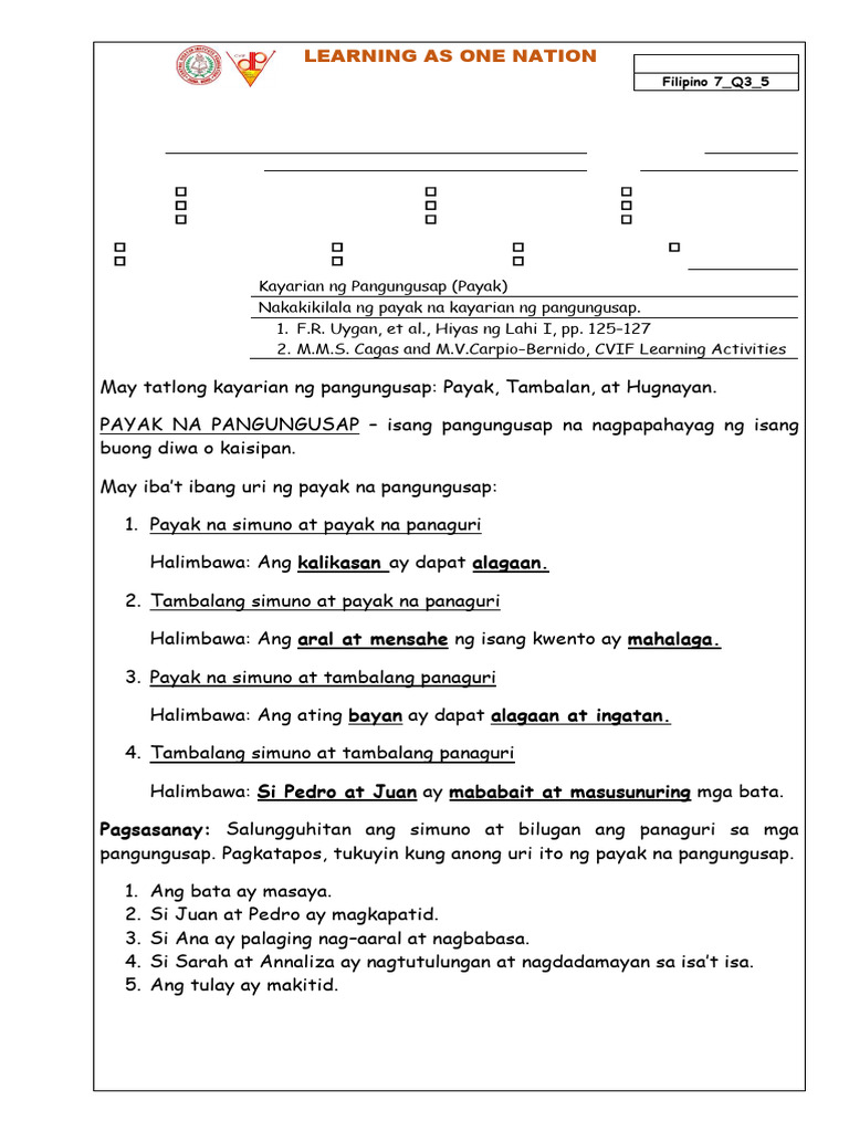 Filipino 7 Q3 LAS 5 Kayarian ng Pangungusap (Payak) | PDF