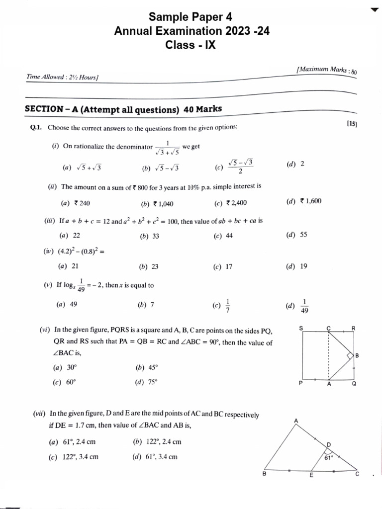 Class IX Mathematics Practice Paper | PDF | Area | Triangle Geometry