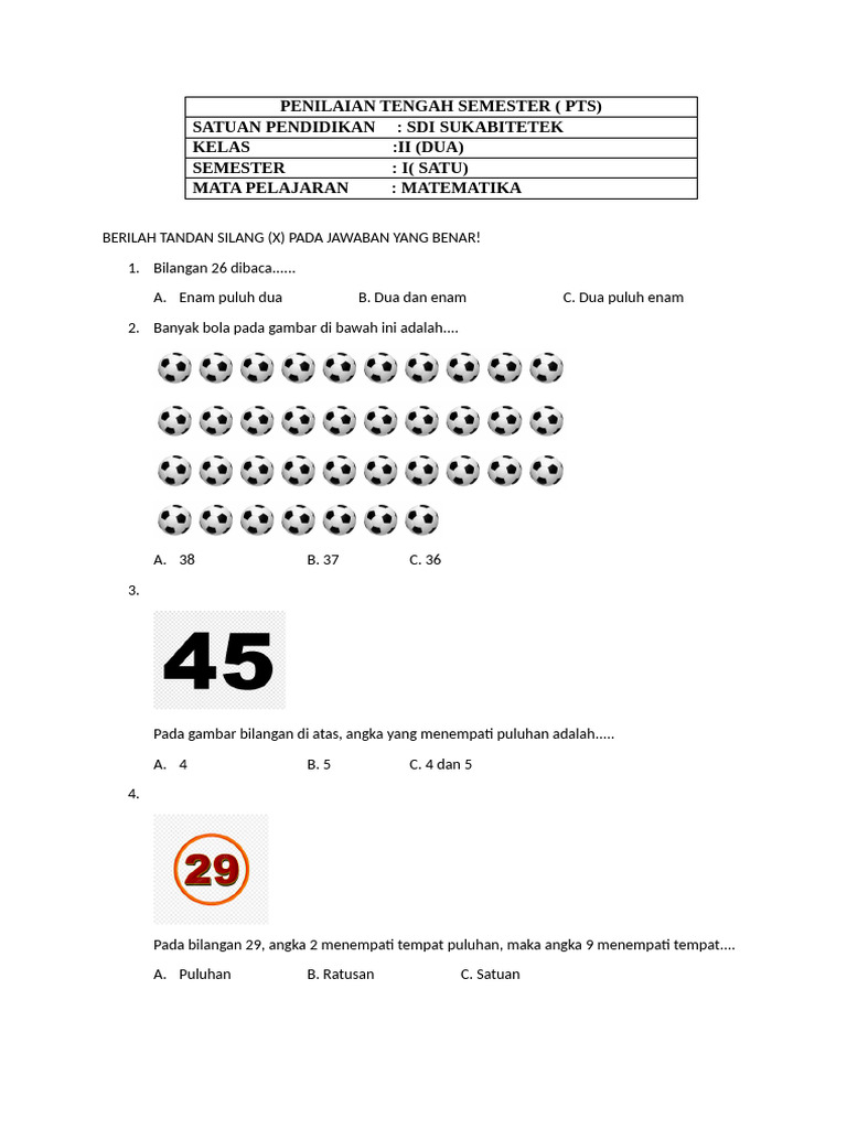 PTS Matematika Kelas II SDI Sukabitetek | PDF