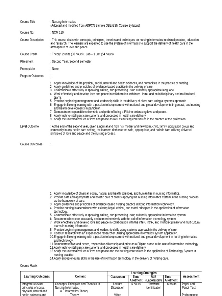 Nursing Informatics Course Syllabus | PDF | Health Informatics ...