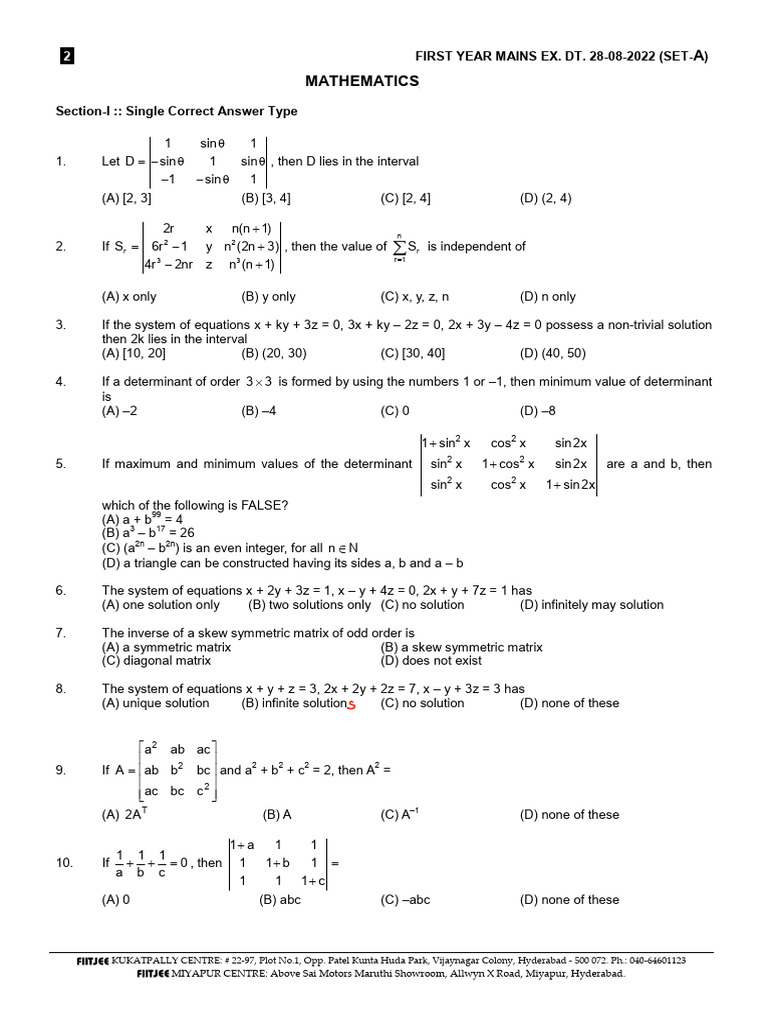 First Year Mathematics Exam Solutions | PDF | Matrix (Mathematics ...