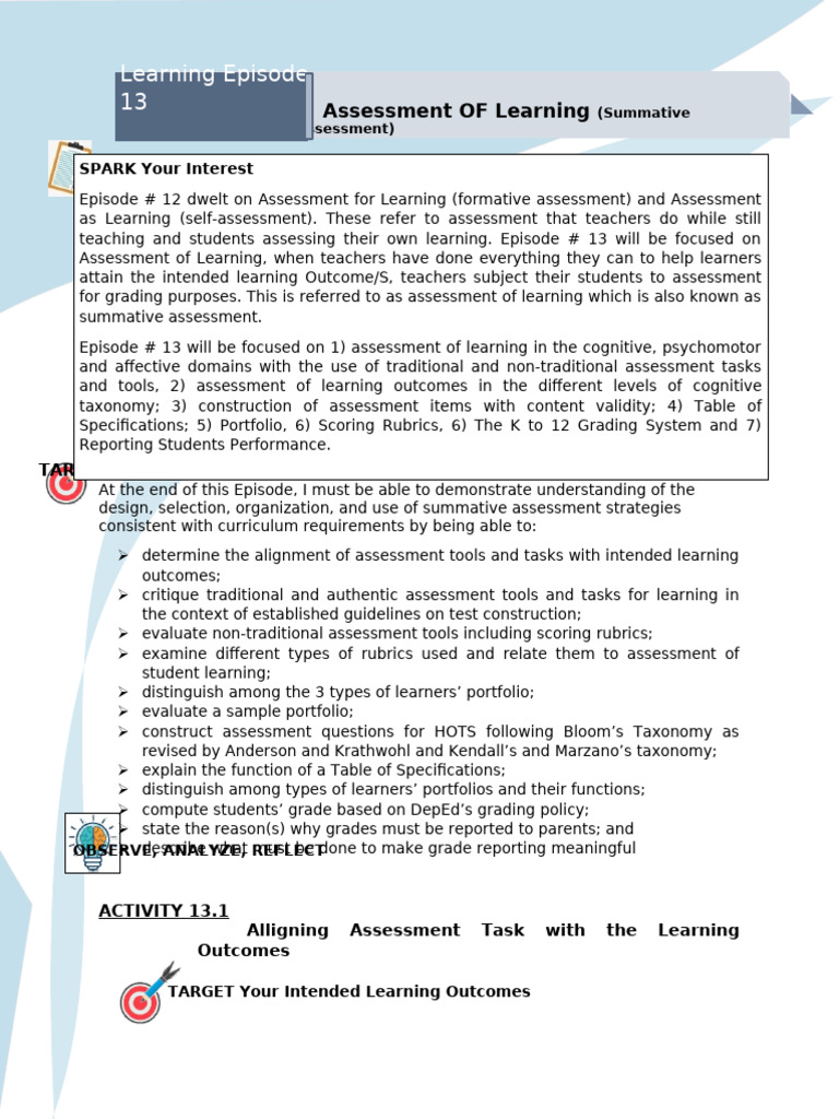 ELC 101 Learning Episode 13 | PDF | Educational Assessment | Learning