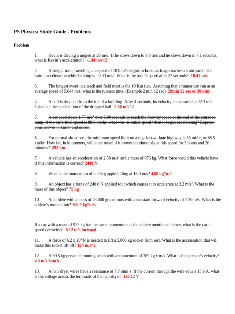 Physics Study Guide: Problem Solutions | PDF | Momentum | Speed