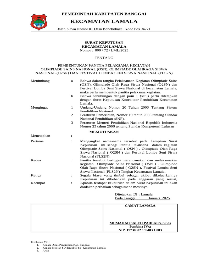 Pembentukan Panitia OSN dan O2SN Lamala | PDF