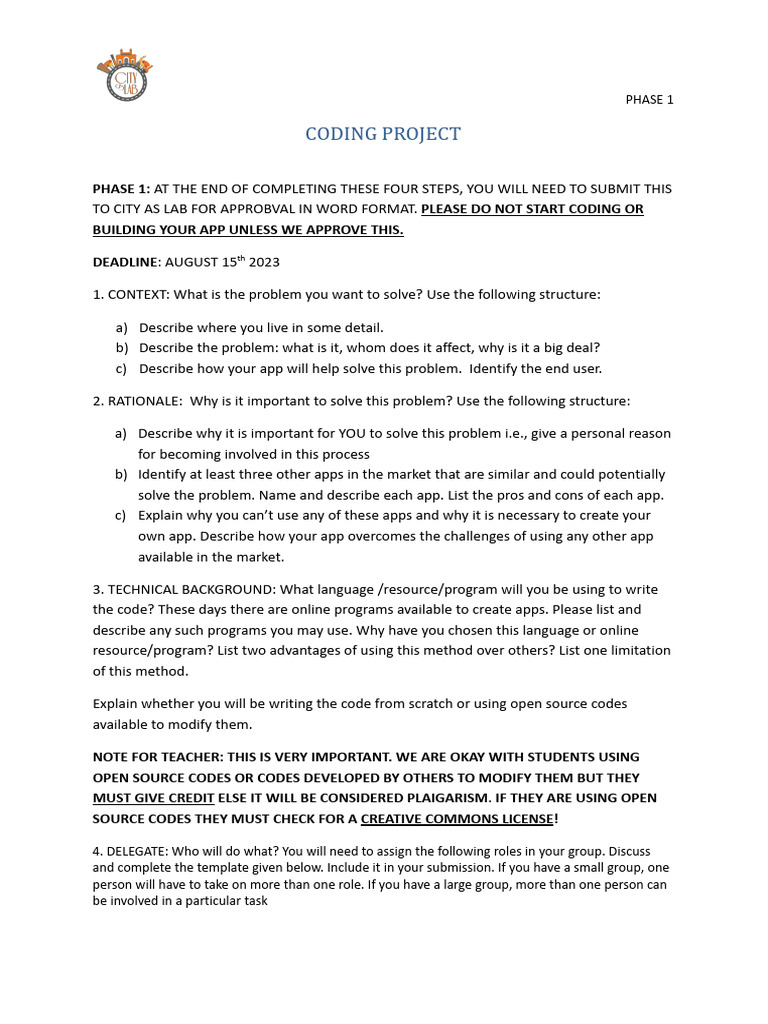 Coding Project Phase 1 City as Lab 23 24 | PDF | Information Technology ...