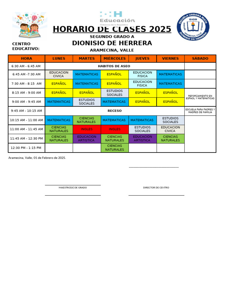 Horario Clases 2025 Segundo Grado A | PDF