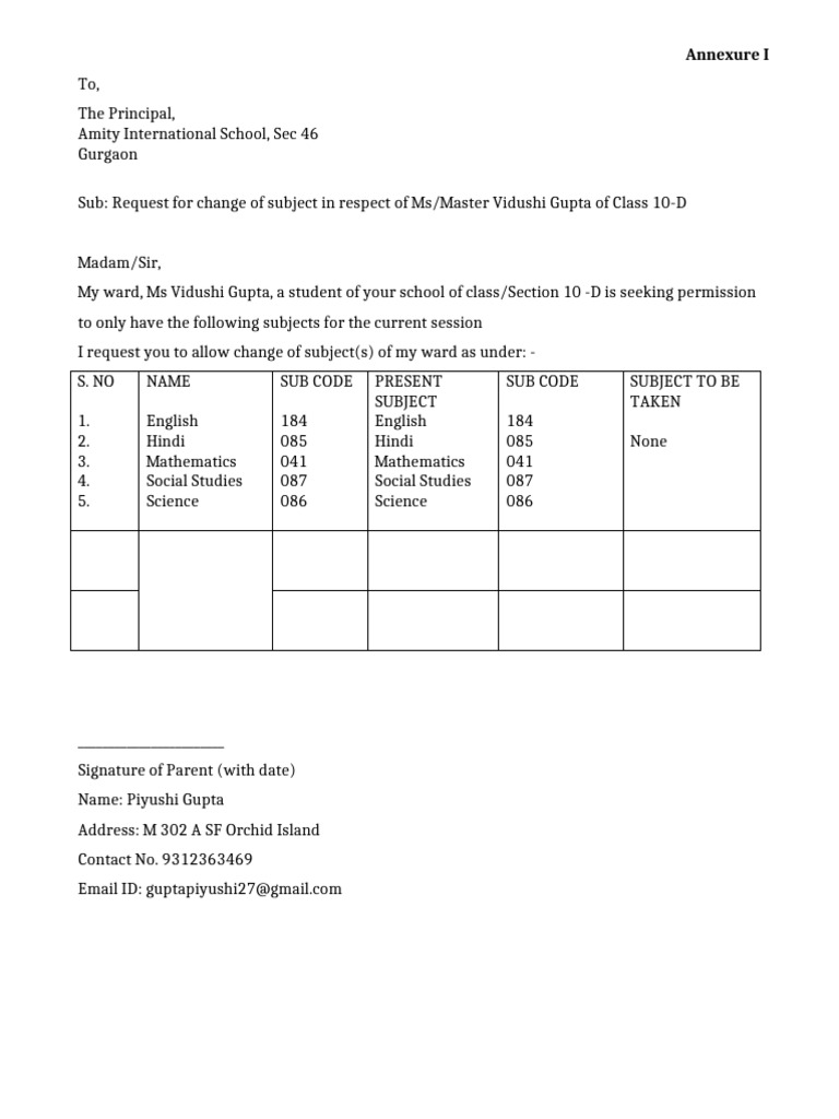 Subject Change Application for Class 10 | PDF | Science