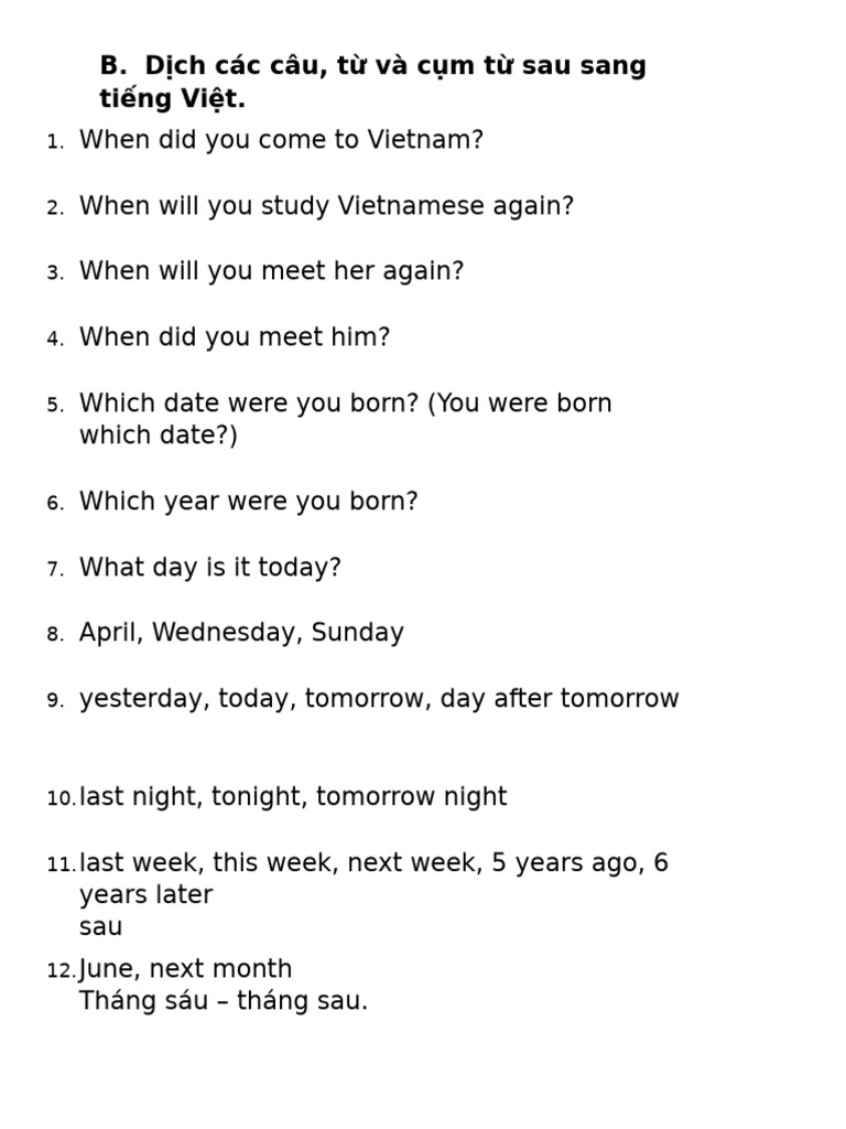 Vietnamese Translation Practice Questions | PDF